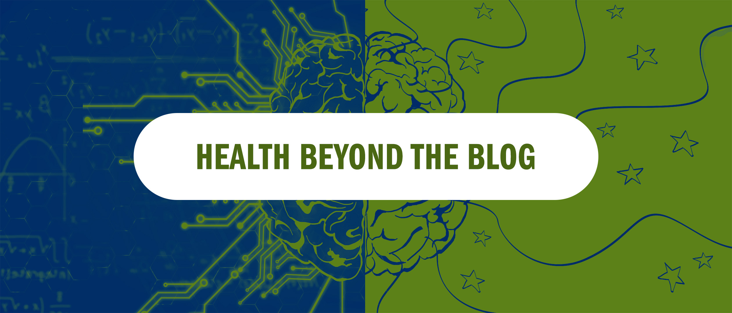 A red-violet image of a brainm, with circuit diagrams to the left and ribbons and stars to the right, surmounted by a semi-opaque white blog containing the words "Health Beyond the Blog"