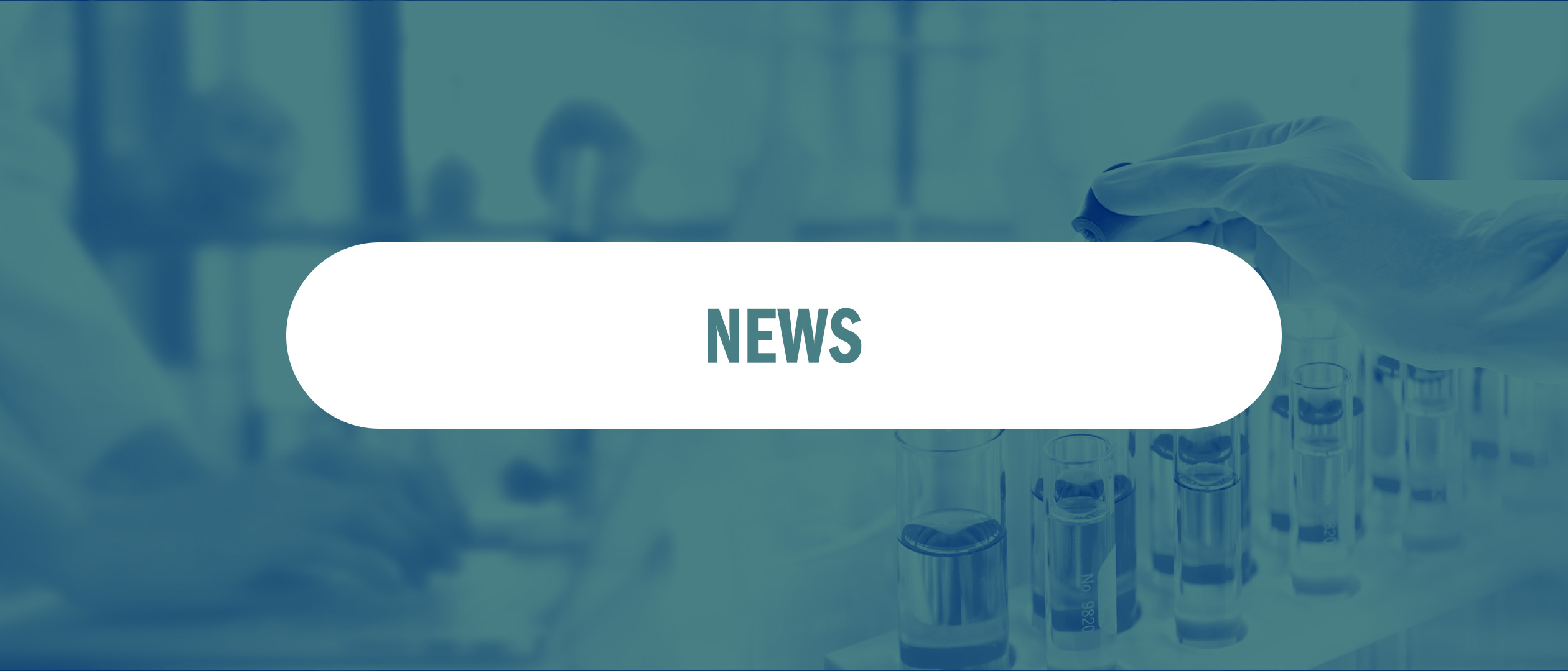 A blue-green image of researchers' hands, operating a computer and handling test tubes, surmounted by a semi-opaque white box bearing the word "News"