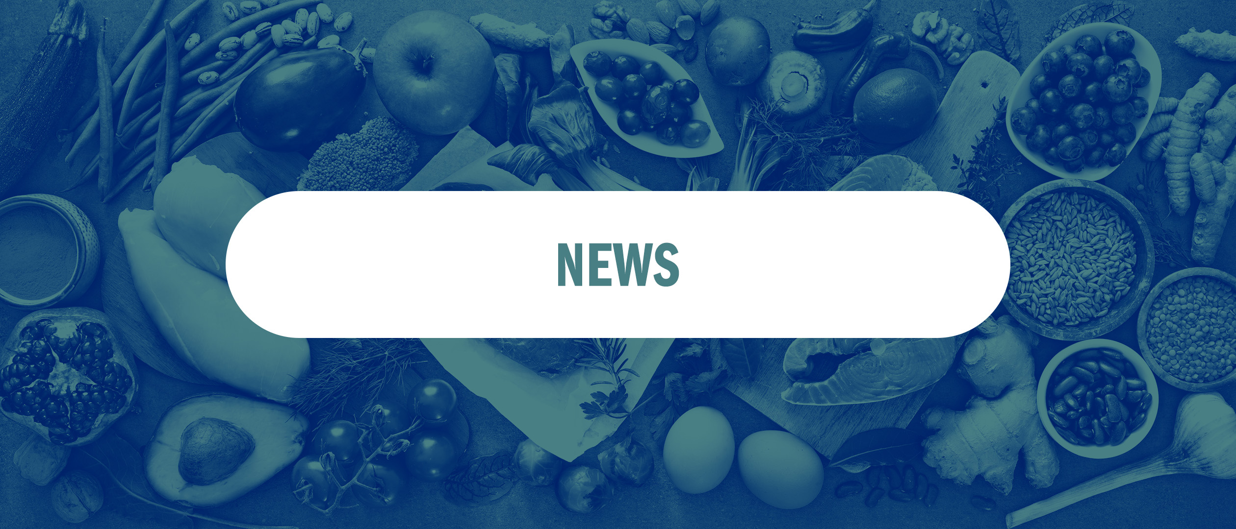 A blue-green image of foods — fruit fish, vegetables and seeds — surmounted by the word "news" superimposed in a semi-opaque white box.