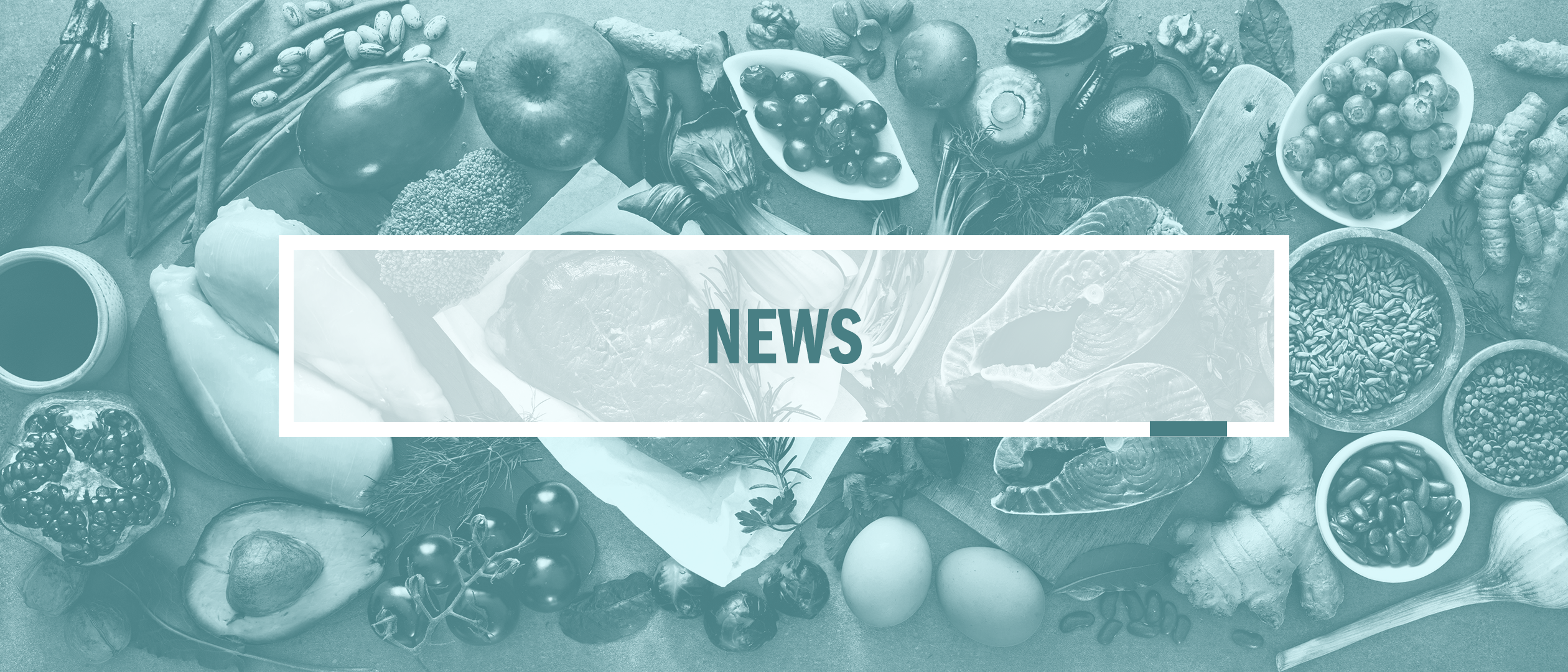 A blue-green image of foods — fruit fish, vegetables and seeds — surmounted by the word "news" superimposed in a semi-opaque white box.