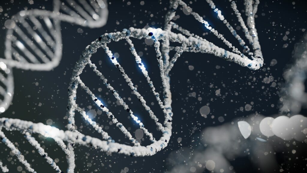 A silver-blue double helix of DNA against a black background